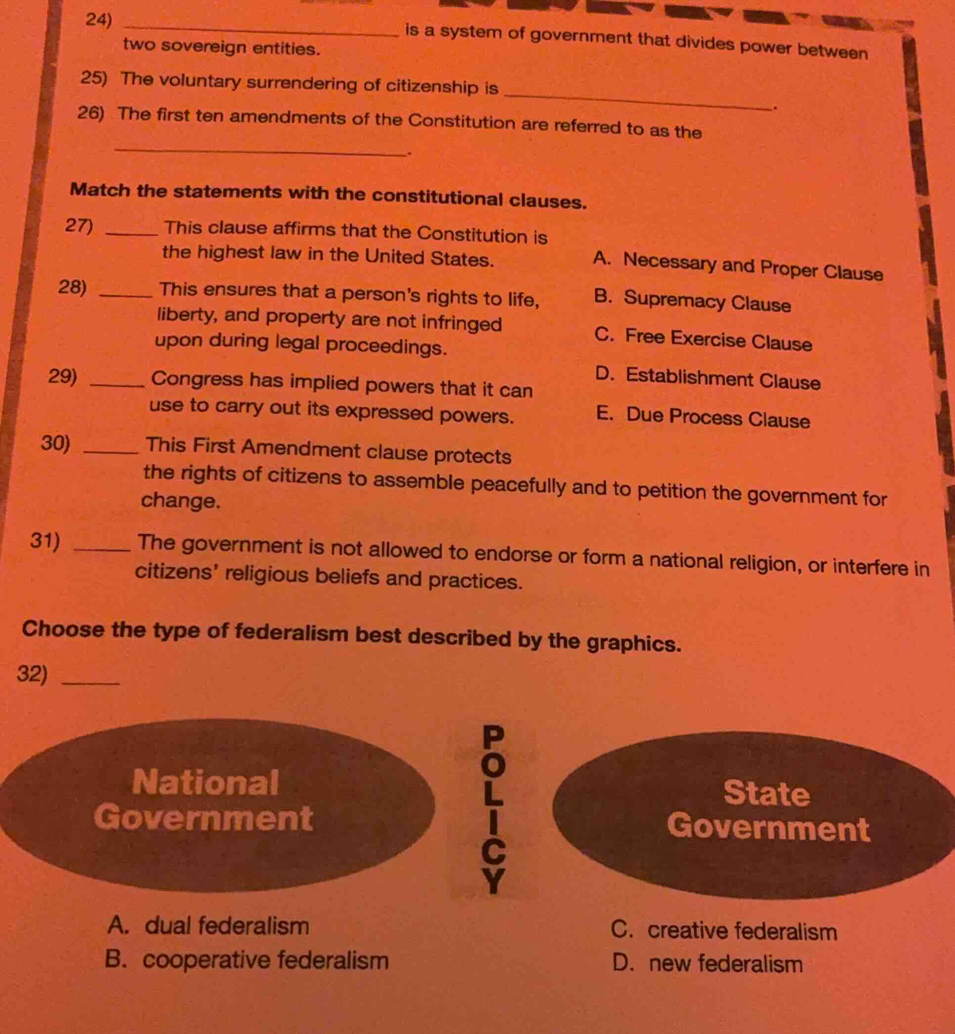 24) ___________________ is a system of government that divides power be…