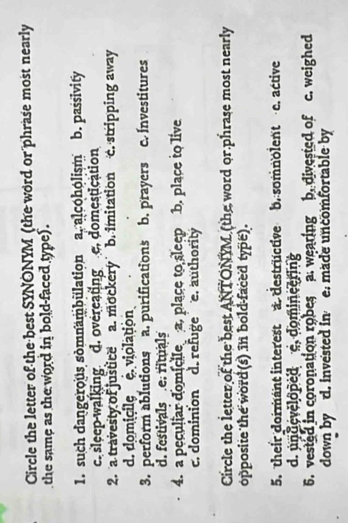 circle the letter of the best synonym (the word or phrase most nearly t…