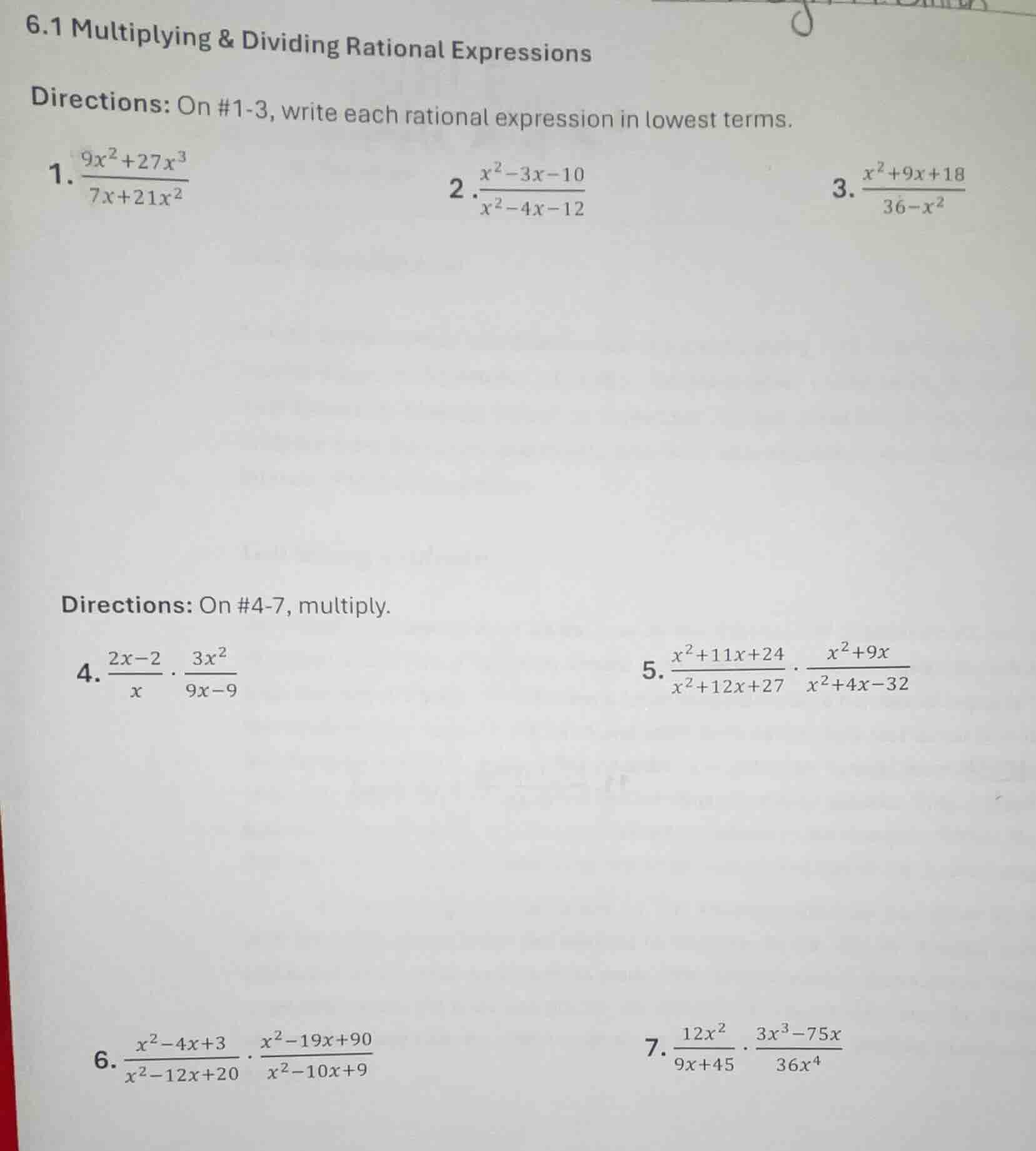 6.1 multiplying & dividing rational expressions directions: on #1-3, wr…