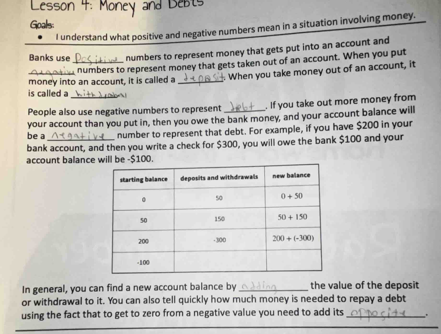 lesson 4: money and debts goals: - i understand what positive and negat…