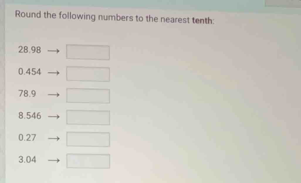 round the following numbers to the nearest tenth: 28.98 → 0.454 → 78.9 …