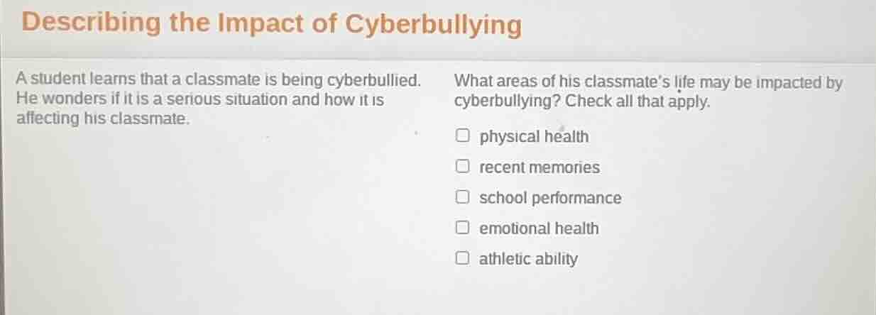 describing the impact of cyberbullying a student learns that a classmat…