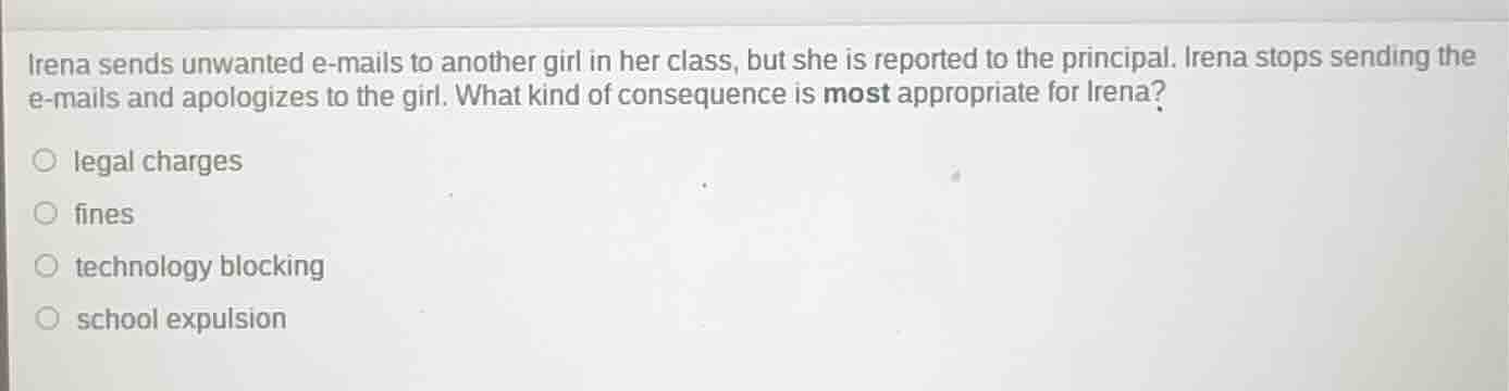 irena sends unwanted e-mails to another girl in her class, but she is r…