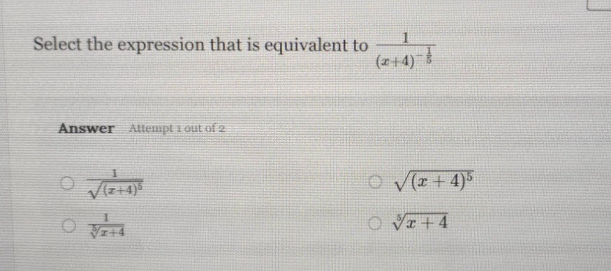 select the expression that is equivalent to \\(\\frac{1}{(x + 4)^{\\fra…