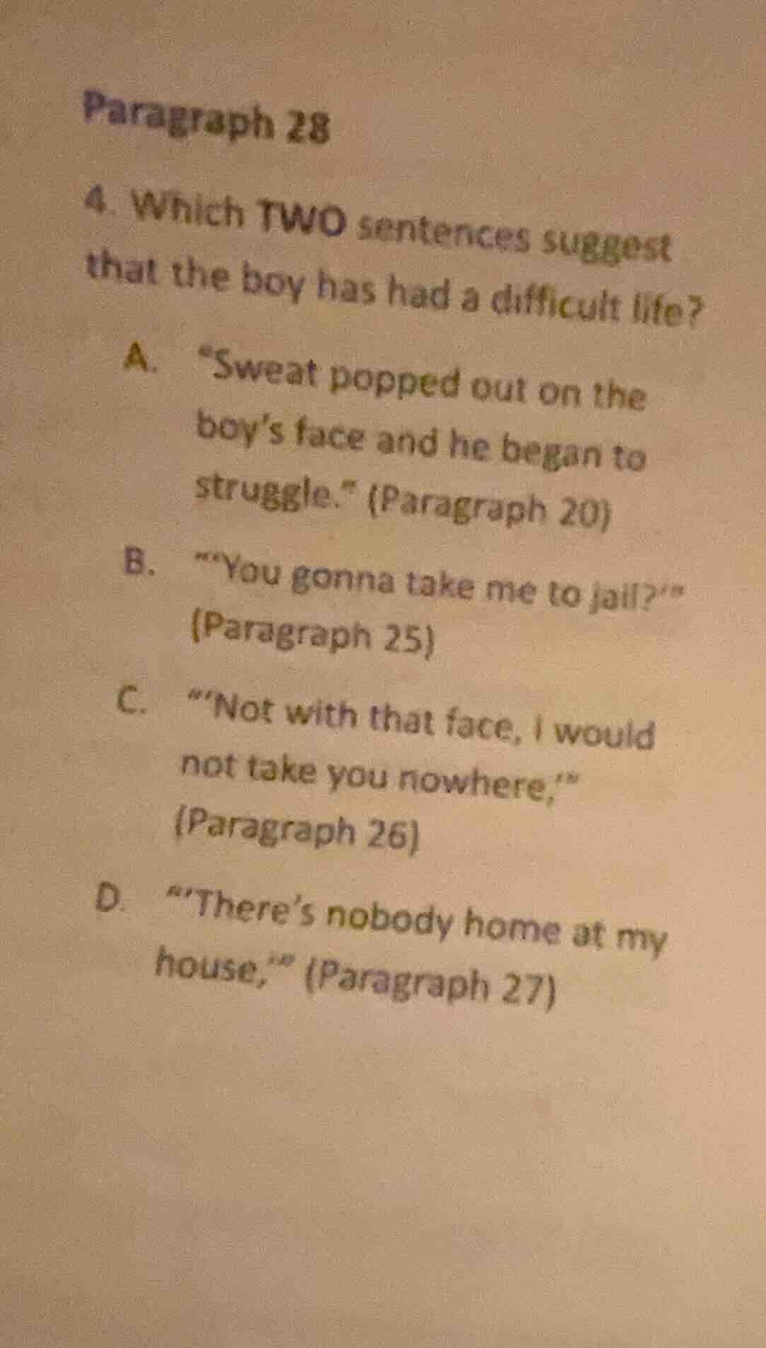 paragraph 28 4. which two sentences suggest that the boy has had a diff…