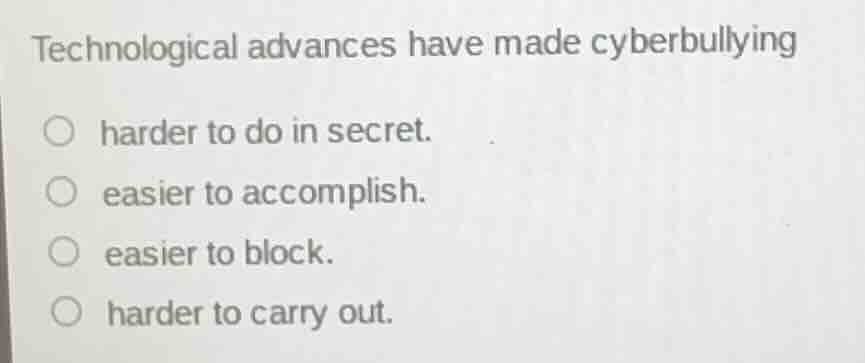 technological advances have made cyberbullying ○ harder to do in secret…