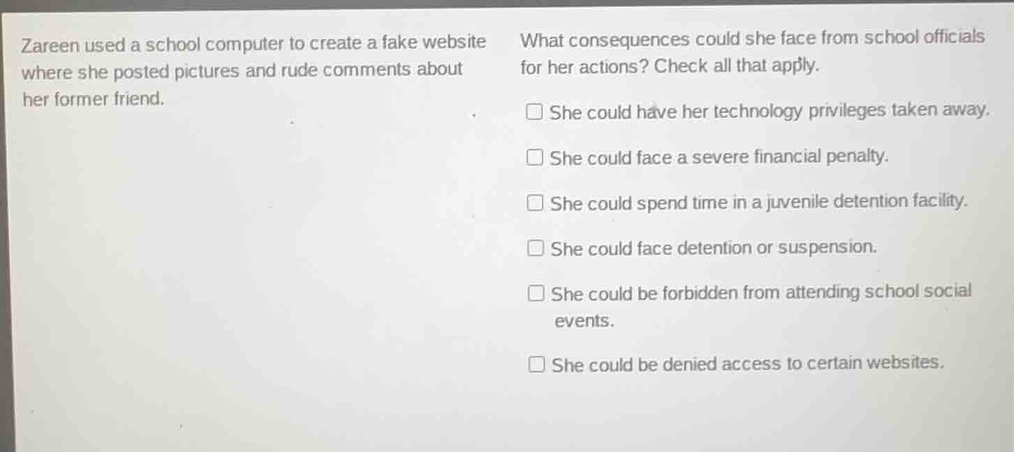 zareen used a school computer to create a fake website where she posted…