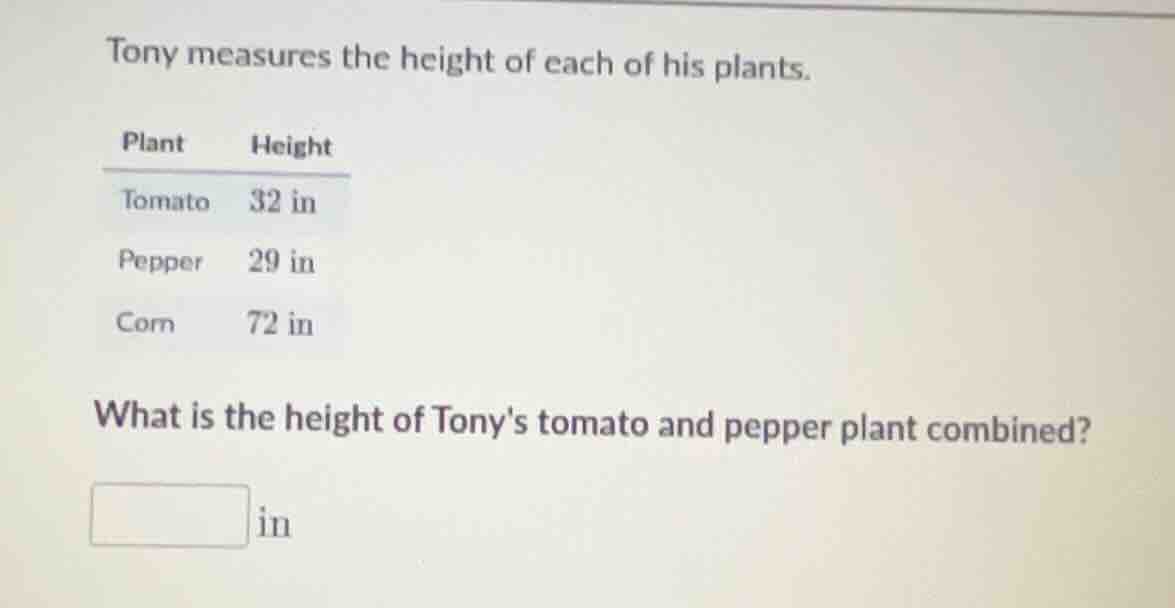 tony measures the height of each of his plants. plant height tomato 32 …