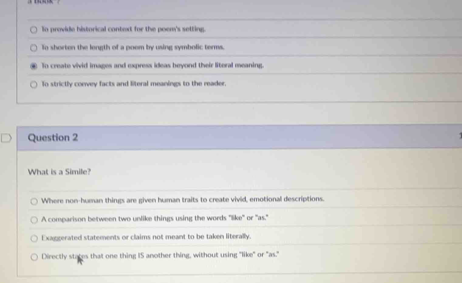 question 2 what is a simile? ○ where non - human things are given human…