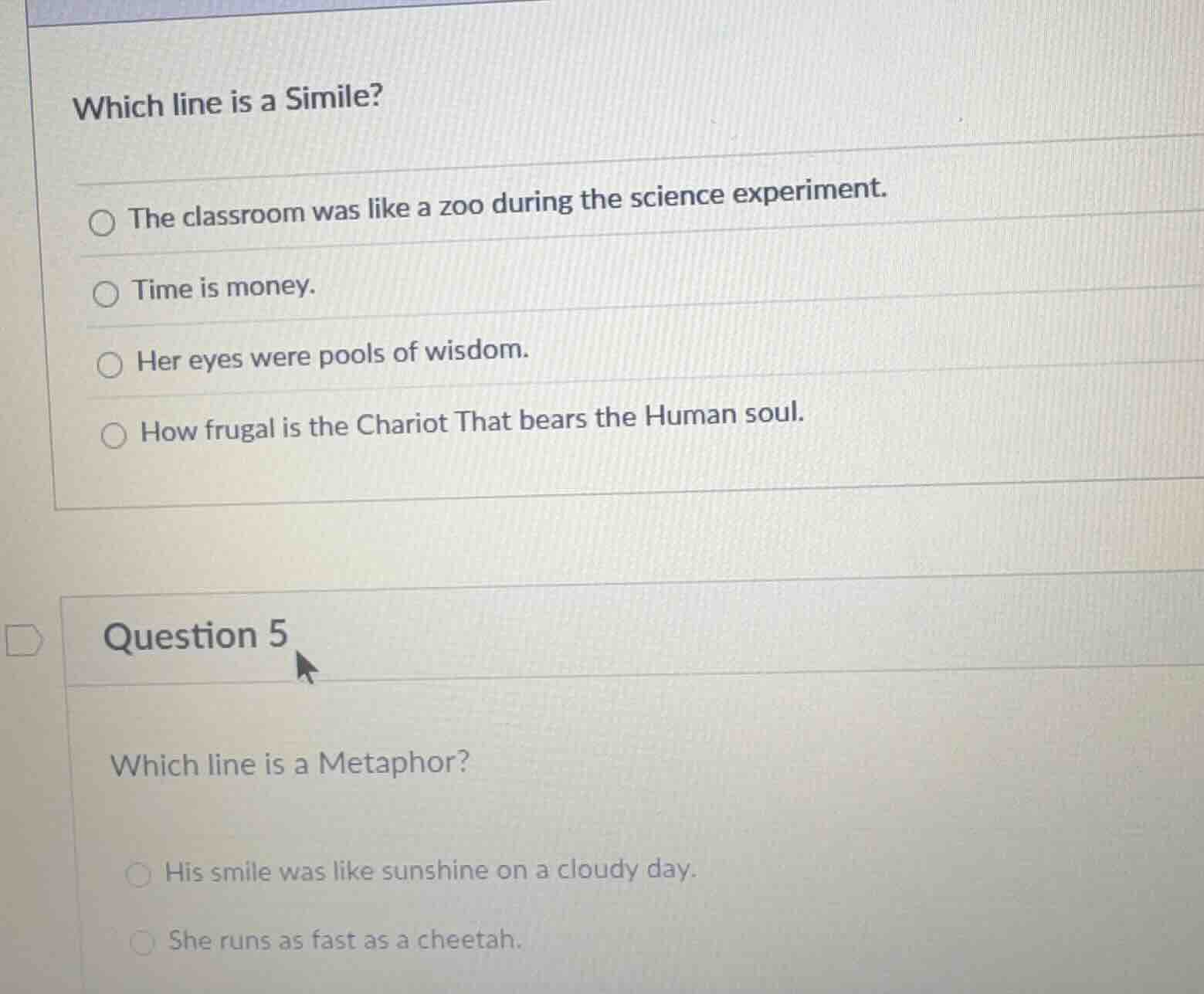 which line is a simile? the classroom was like a zoo during the science…