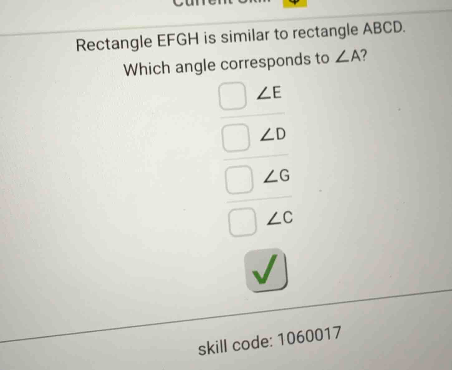 rectangle efgh is similar to rectangle abcd. which angle corresponds to…