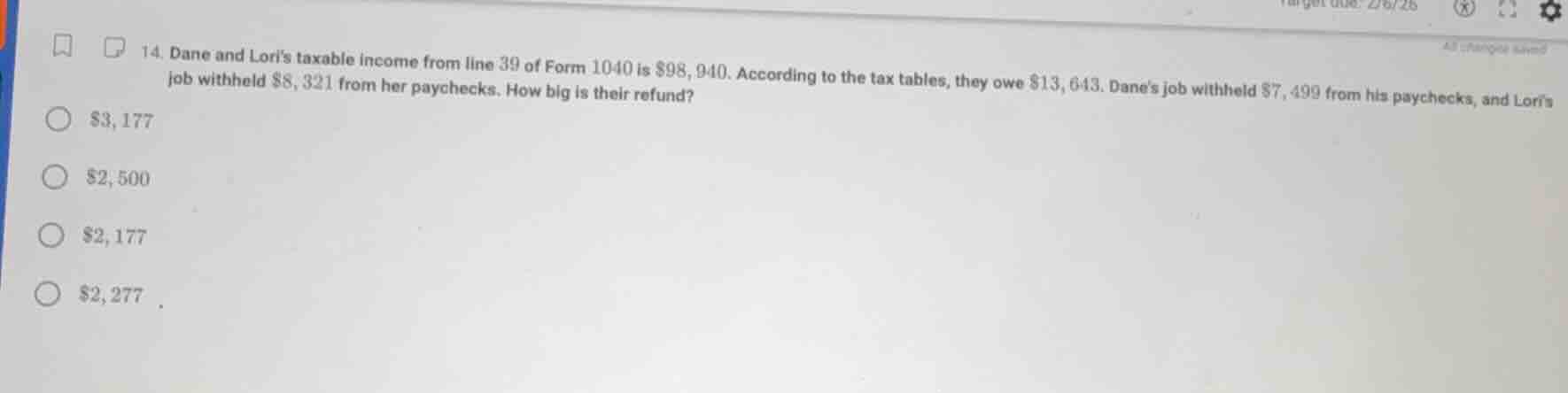 14. dane and loris taxable income from line 39 of form 1040 is $98,940.…