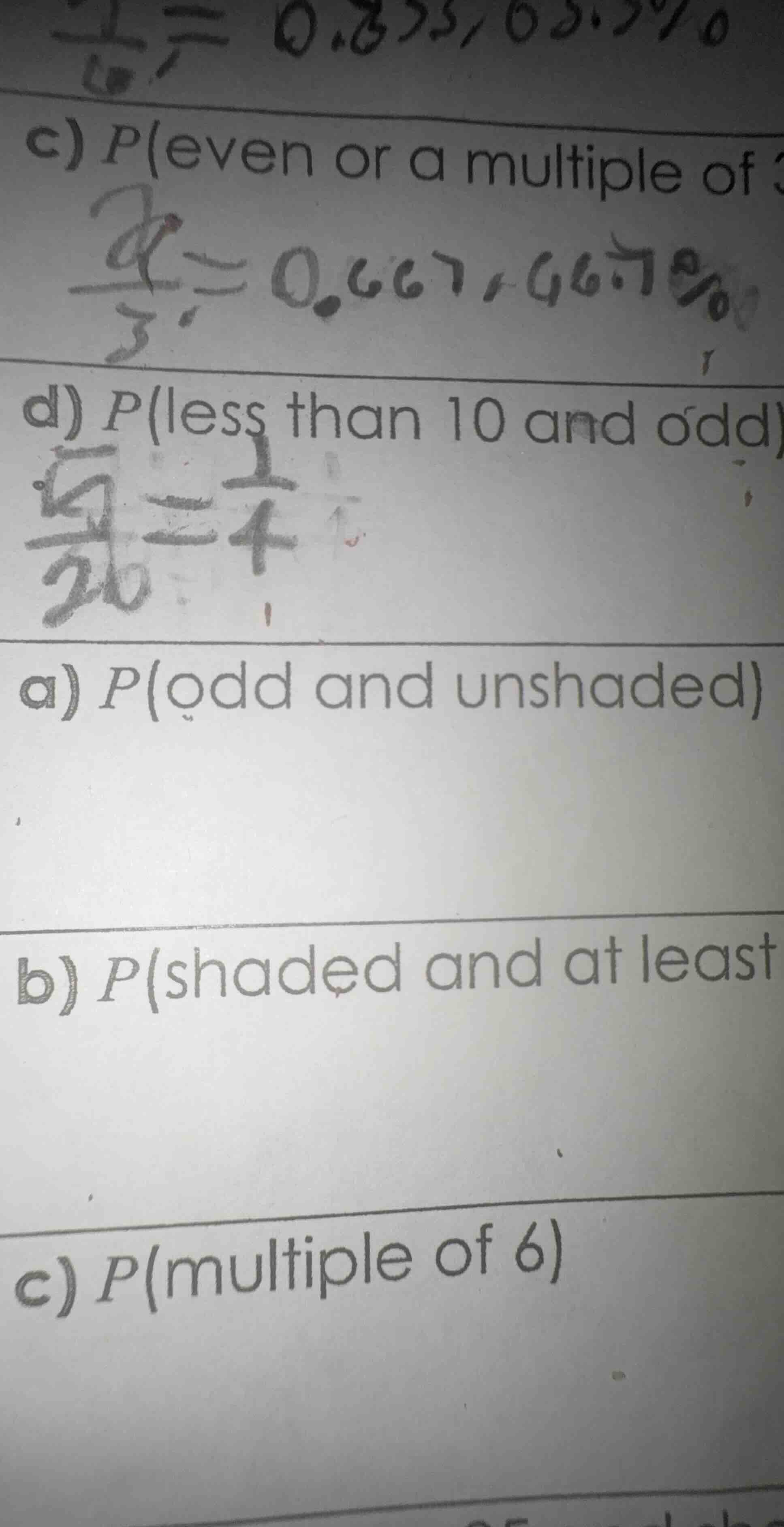 c) p(even or a multiple of d) p(less than 10 and odd) a) p(odd and unsh…