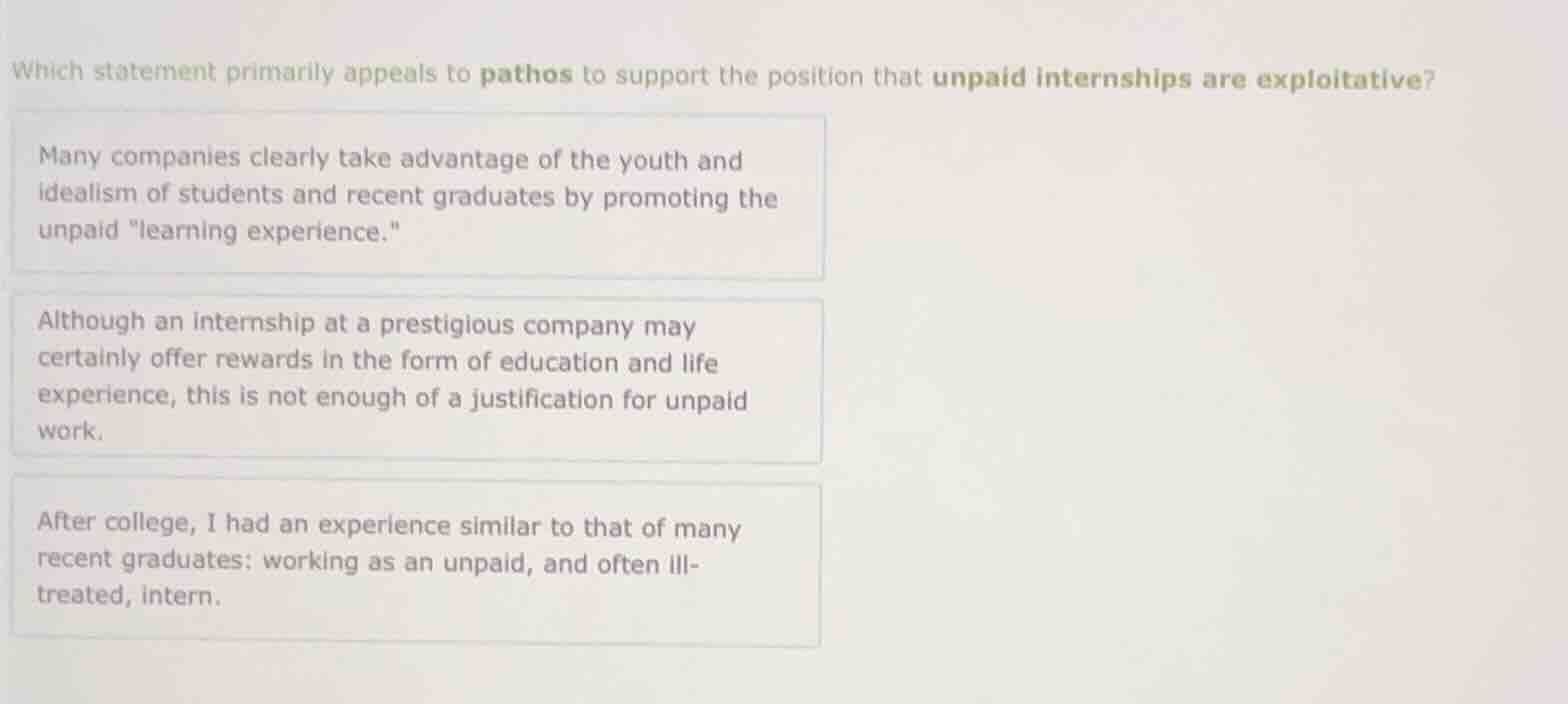 which statement primarily appeals to pathos to support the position tha…