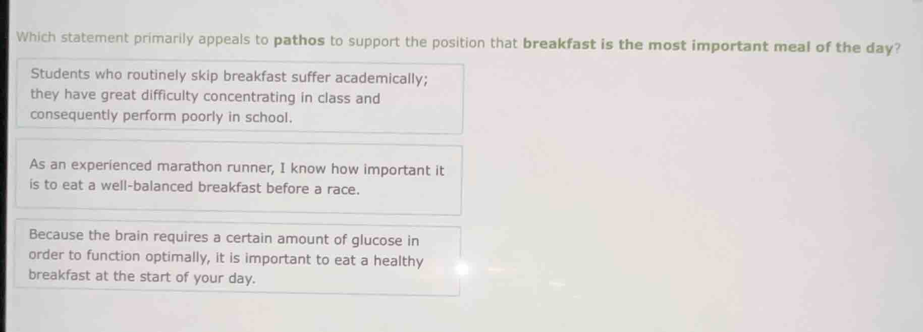 which statement primarily appeals to pathos to support the position tha…