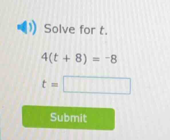 solve for t. 4(t + 8) = -8 t = submit