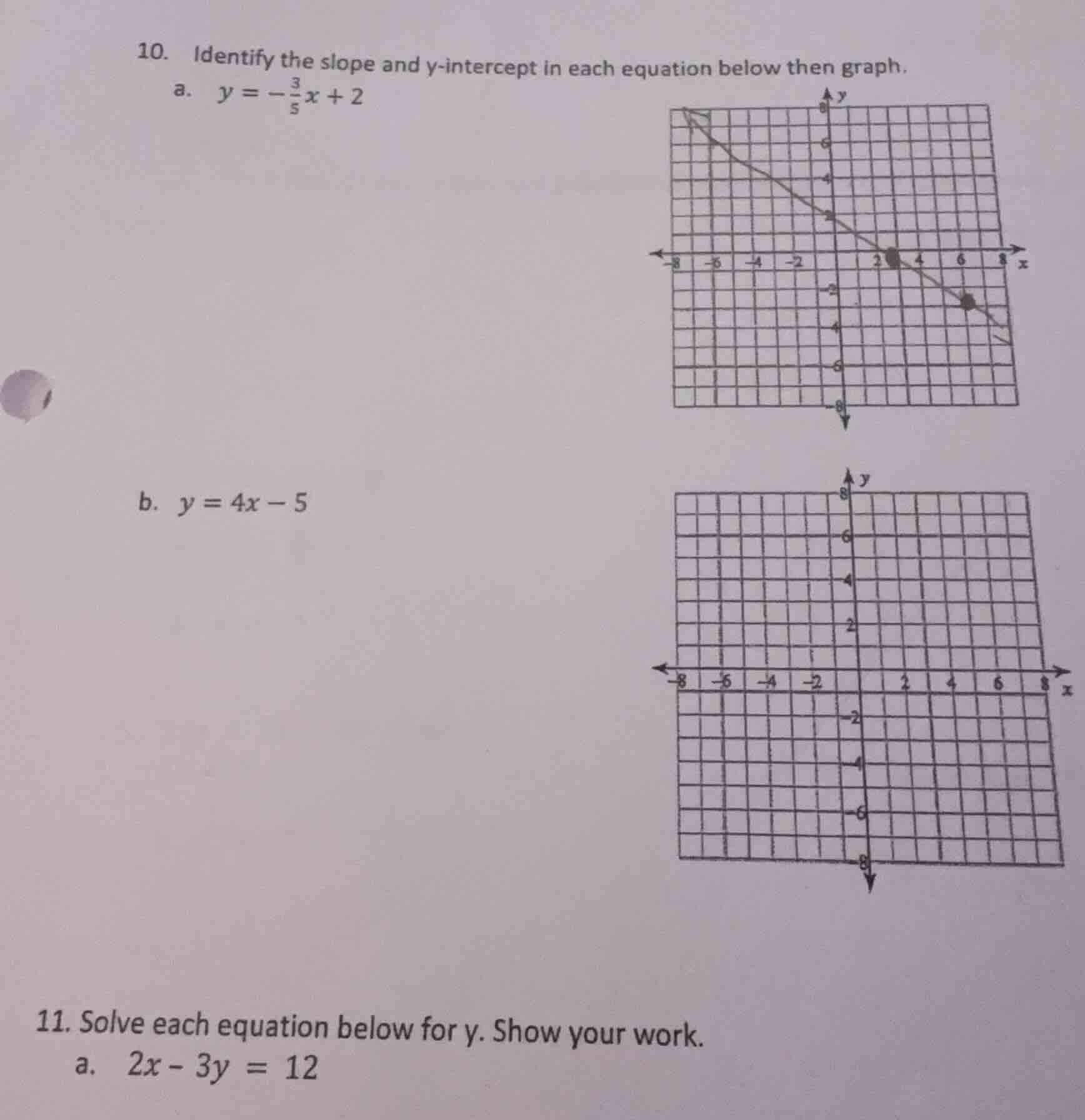 10. identify the slope and y-intercept in each equation below then grap…