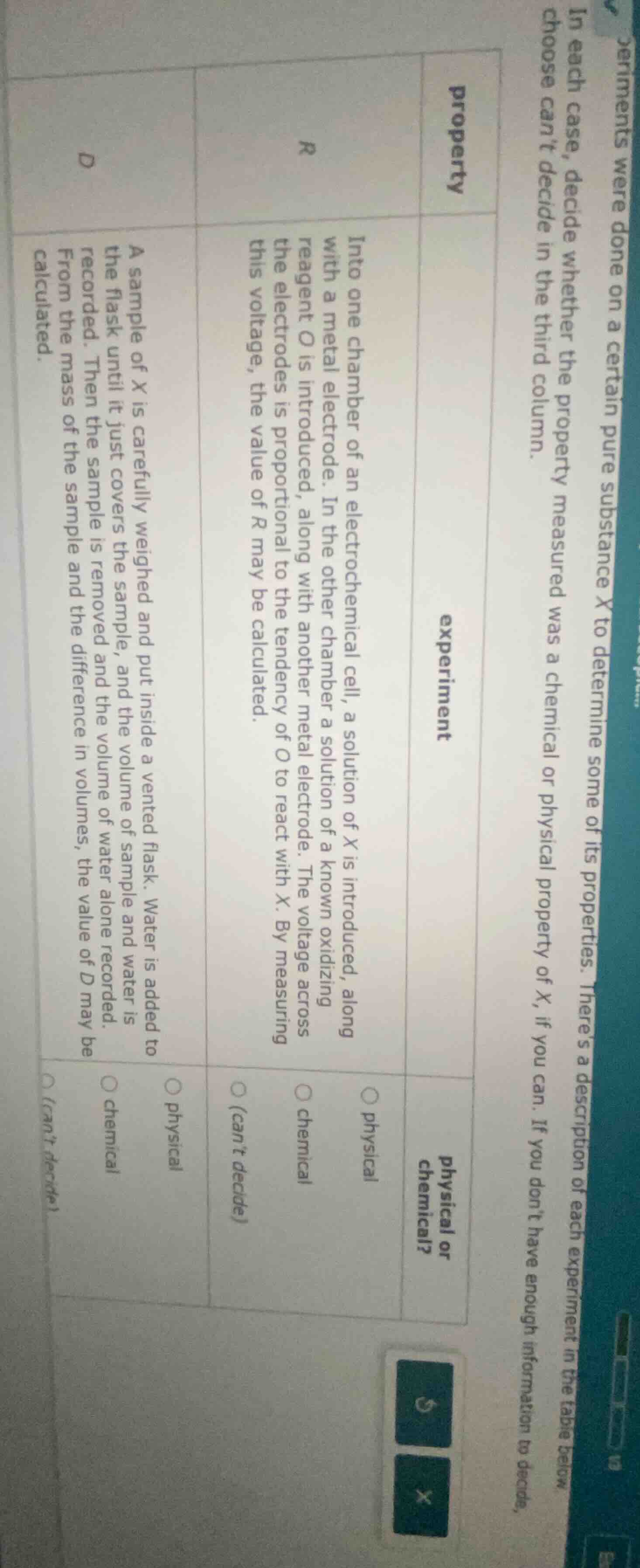 in each case, decide whether the property measured was a chemical or ph…