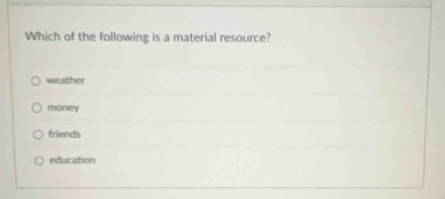 which of the following is a material resource? weather money friends ed…
