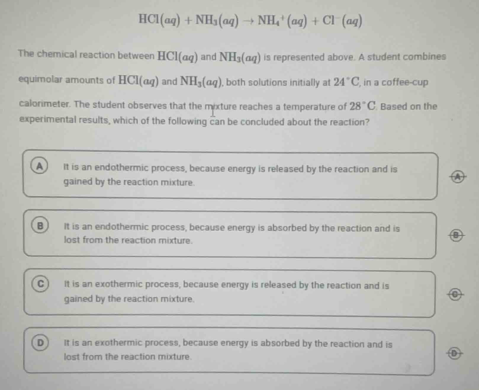hcl(aq) + nh₃(aq) → nh₄⁺(aq) + cl⁻(aq) the chemical reaction between hc…