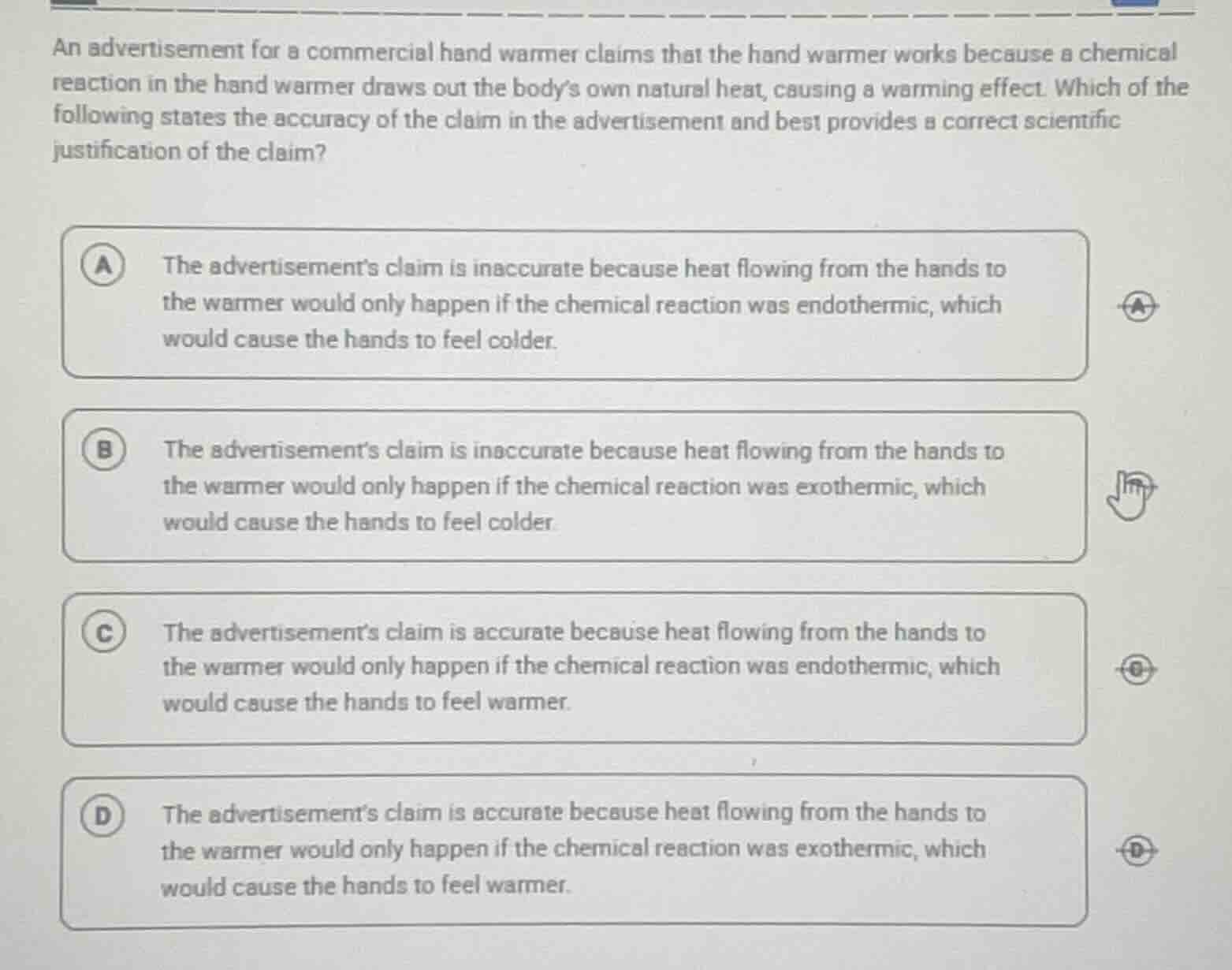 an advertisement for a commercial hand warmer claims that the hand warm…