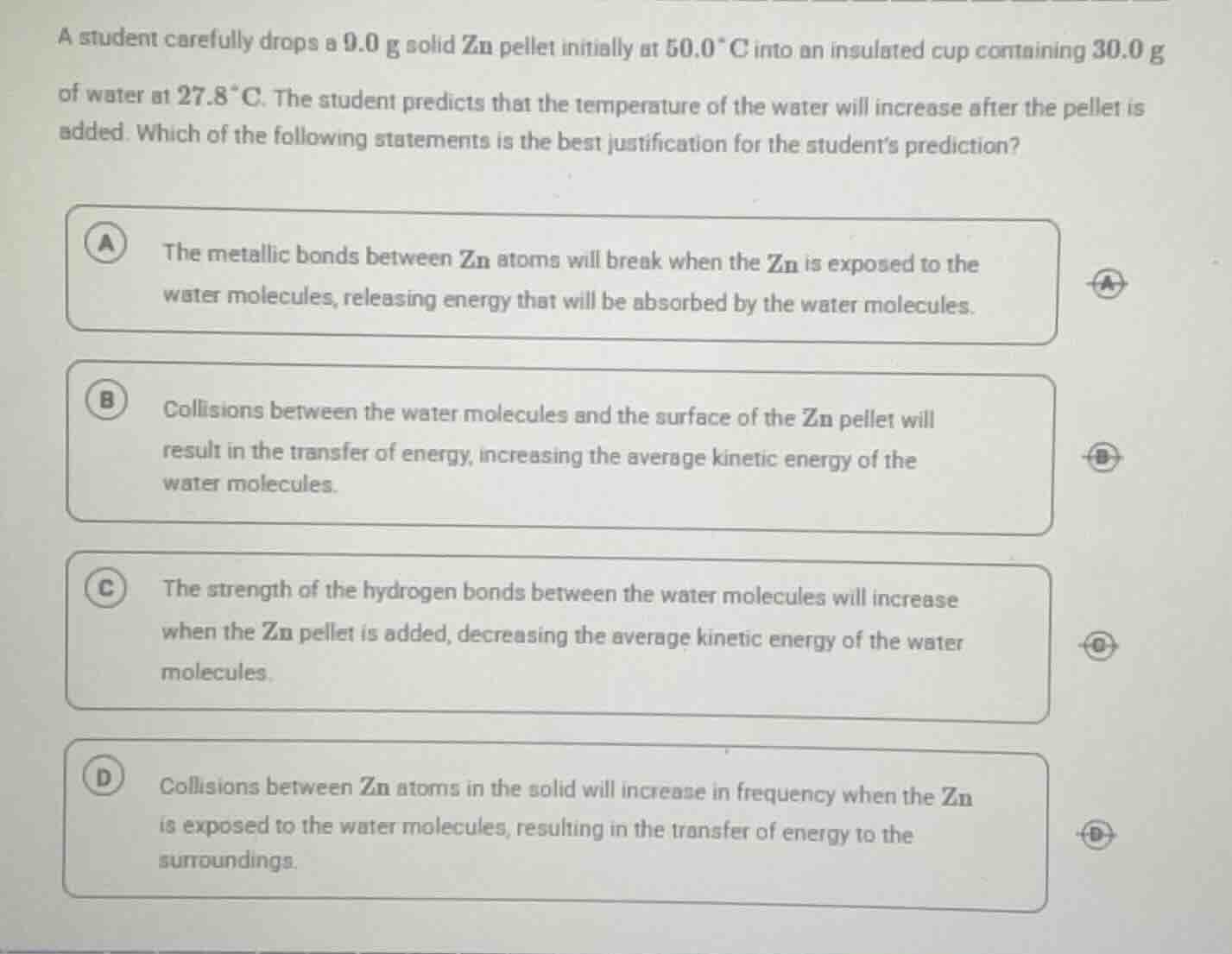 a student carefully drops a 9.0 g solid zn pellet initially at 50.0 °c …