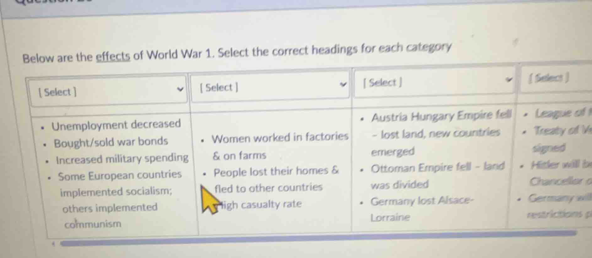below are the effects of world war 1. select the correct headings for e…