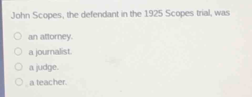 john scopes, the defendant in the 1925 scopes trial, was an attorney. a…