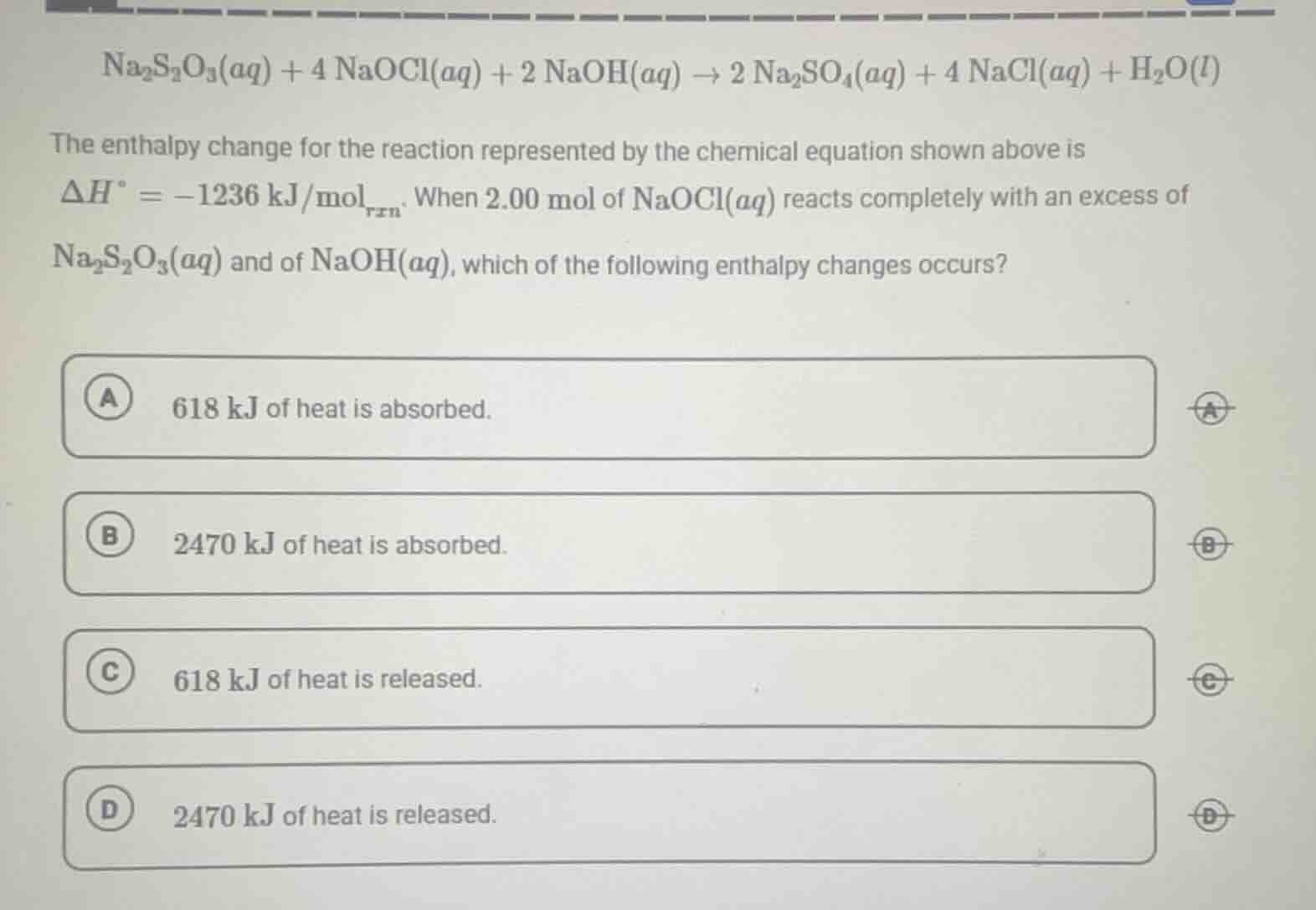 $$ce{na_{2}s_{2}o_{3}(aq) + 4 naocl(aq) + 2 naoh(aq) -> 2 na_{2}so_{4}(…