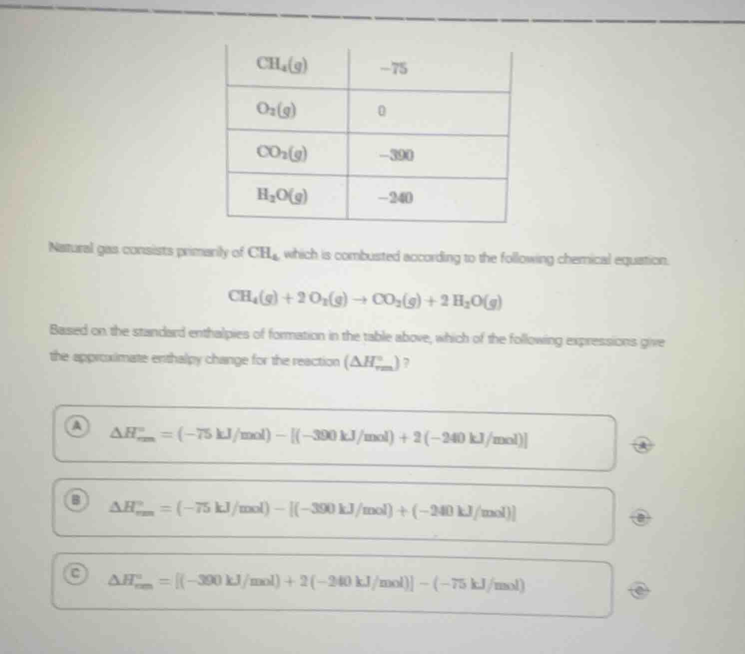 | ch₄(g) | -75 | | o₂(g) | 0 | | co₂(g) | -390 | | h₂o(g) | -240 | natu…