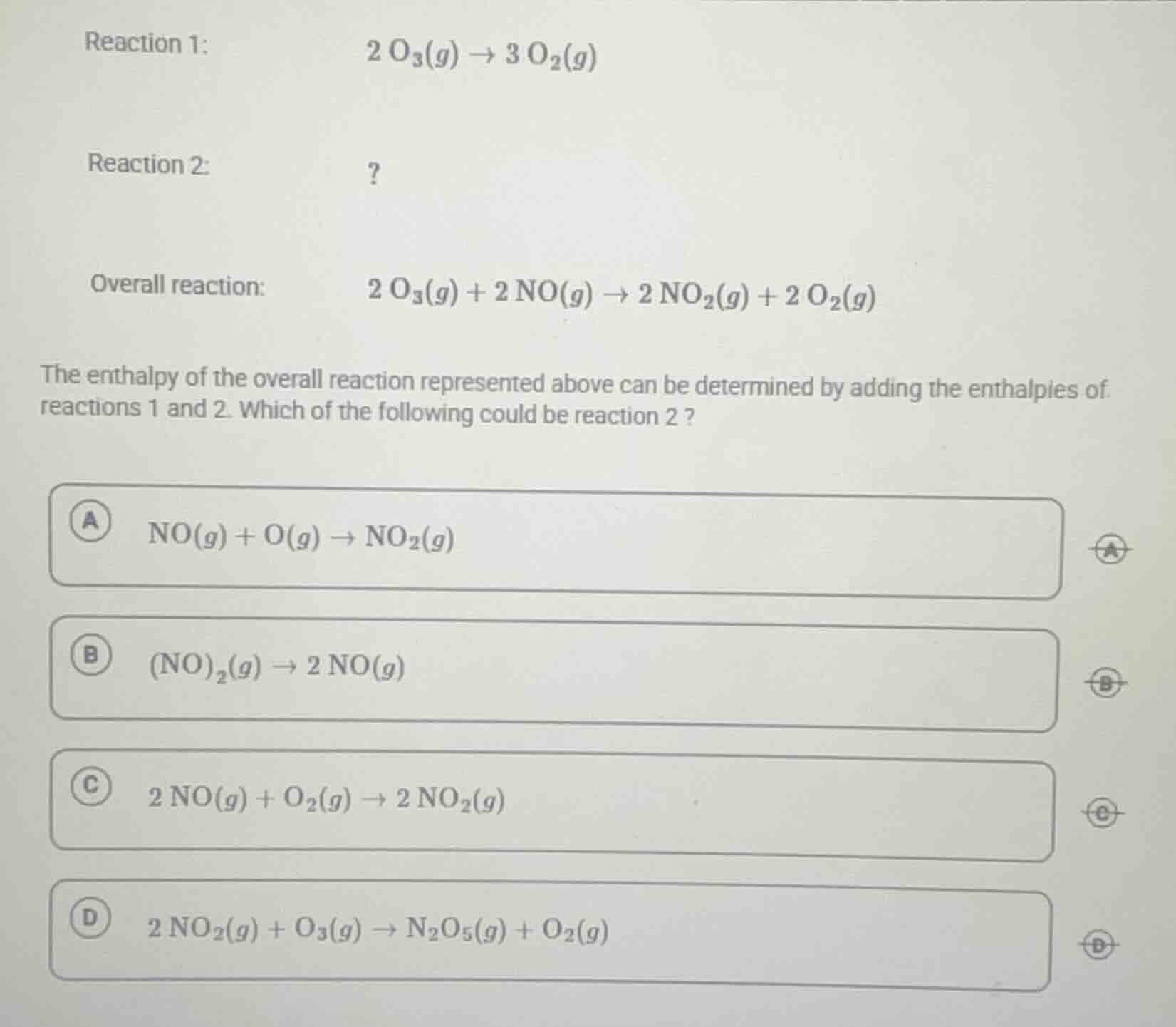 reaction 1: \\( 2 \\, \\text{o}_3(g) \ ightarrow 3 \\, \\text{o}_2(g) \…