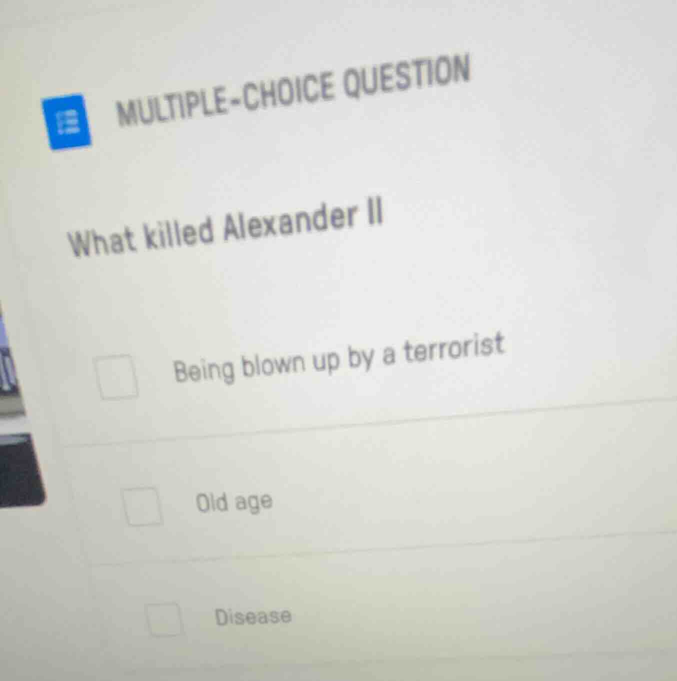 multiple-choice question what killed alexander ii being blown up by a t…