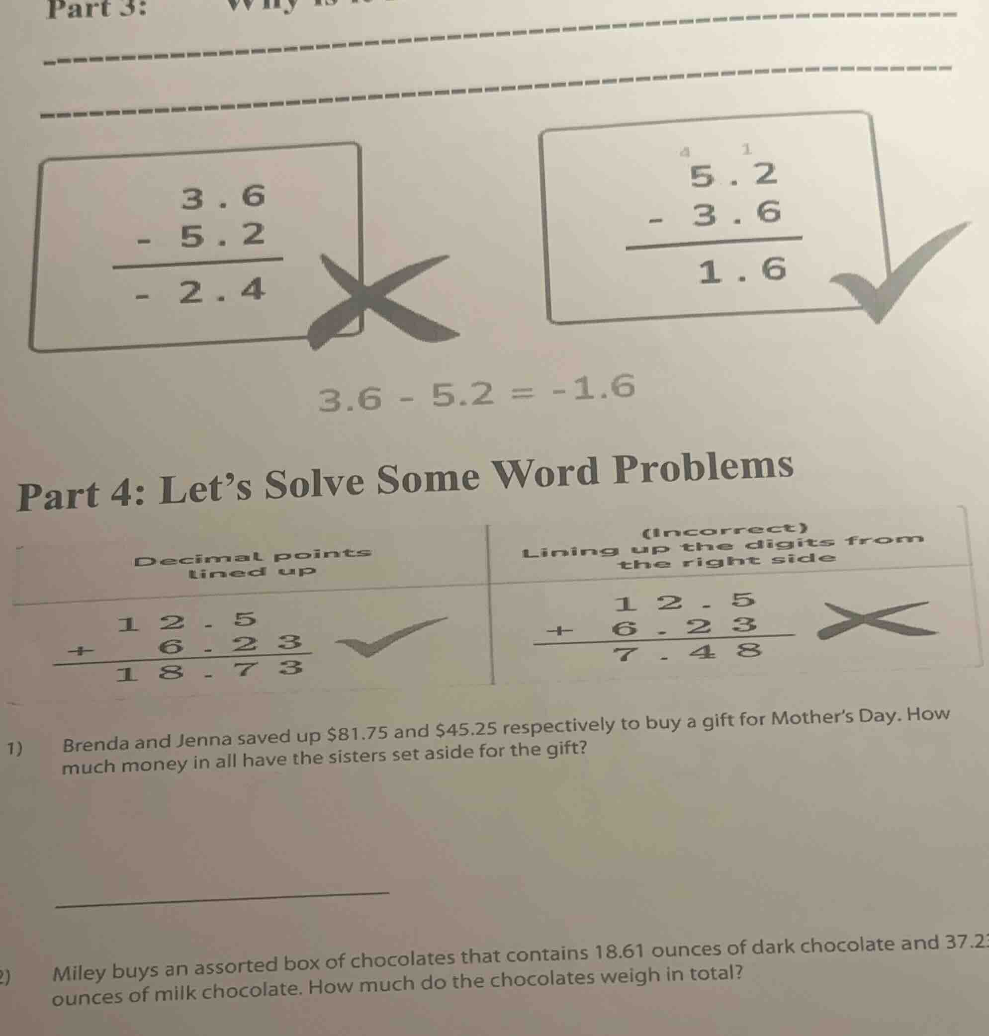 part 3: \\begin{array}{r} 3.6 \\\\ - 5.2 \\\\ \\hline - 2.4 \\end{array…