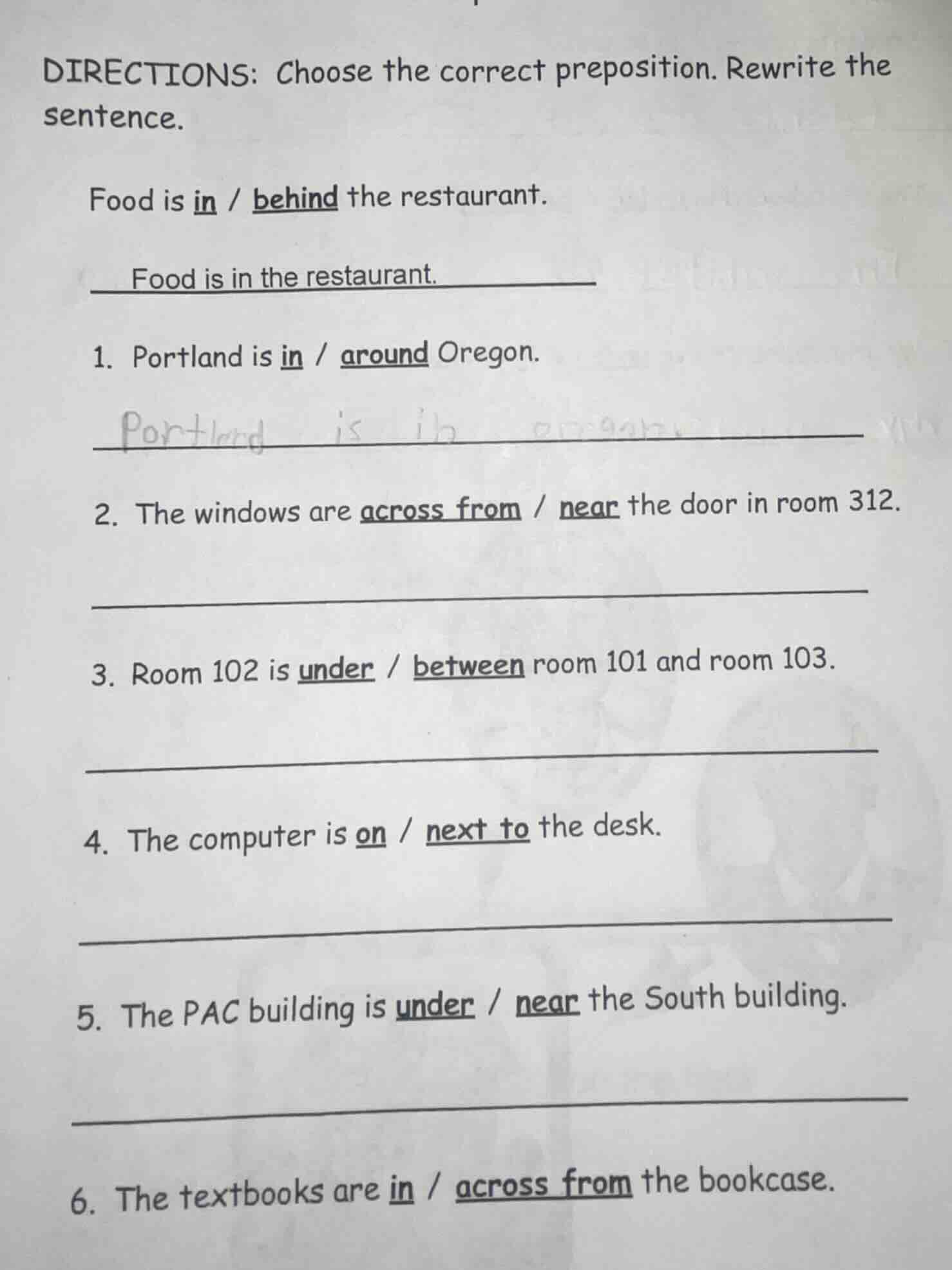 directions: choose the correct preposition. rewrite the sentence. food …