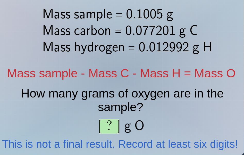mass sample = 0.1005 g mass carbon = 0.077201 g c mass hydrogen = 0.012…