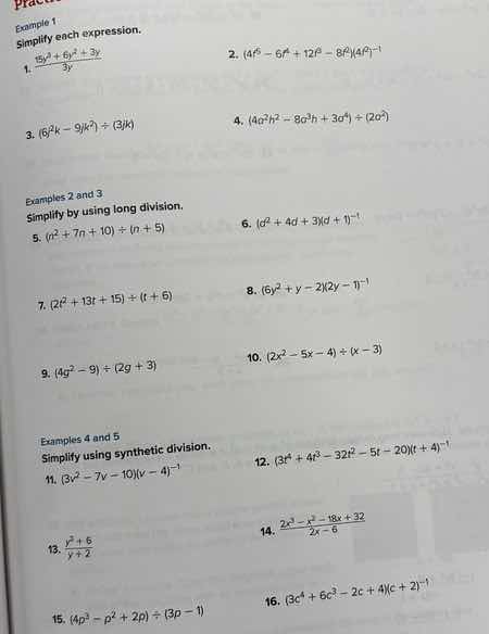 practice example 1 simplify each expression. 1. $\frac{9y^4 + 6y^2 + 3y…