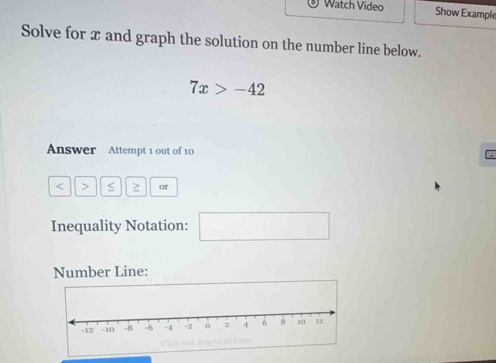 solve for x and graph the solution on the number line below. 7x > -42 a…