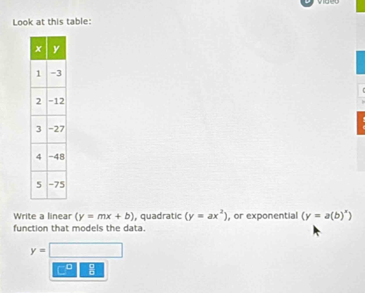 look at this table: | x | y | | 1 | -3 | | 2 | -12 | | 3 | -27 | | 4 | …