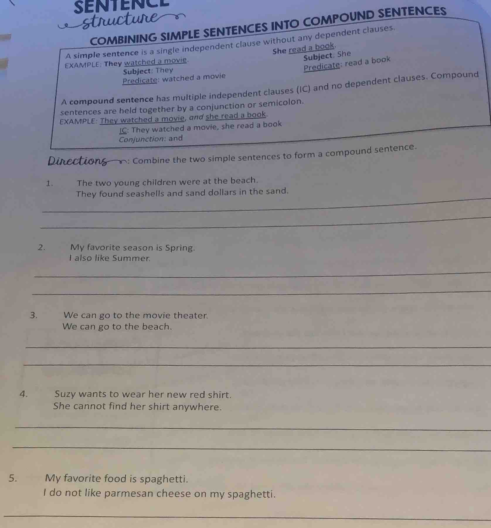 sentence structure combining simple sentences into compound sentences a…