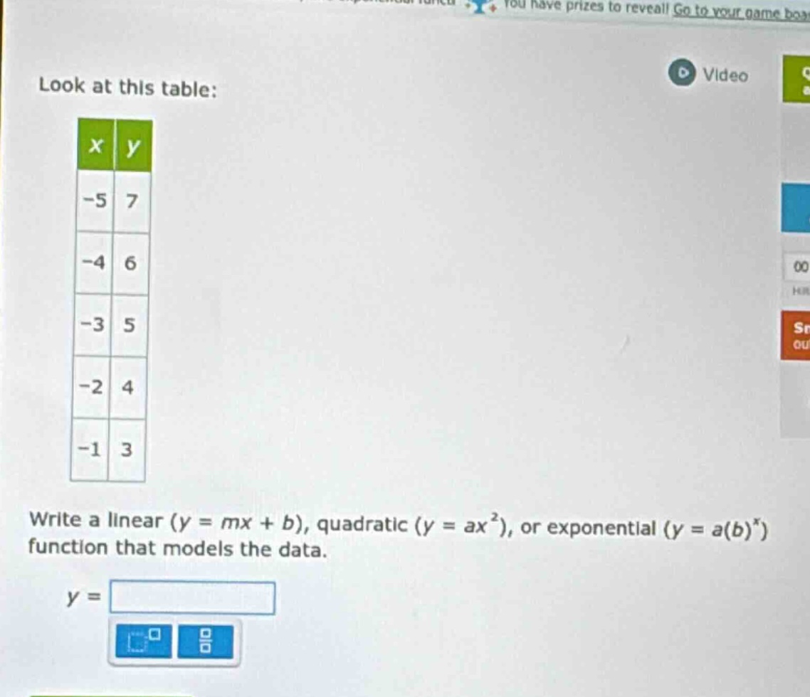 look at this table: | x | y | | -5 | 7 | | -4 | 6 | | -3 | 5 | | -2 | 4…