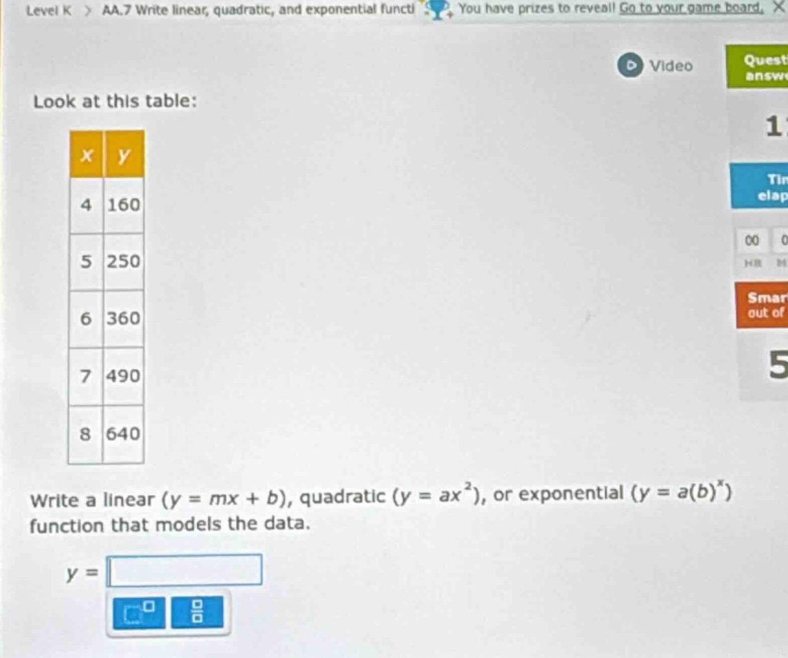 look at this table: | x | y | |----|----| | 4 | 160 | | 5 | 250 | | 6 |…