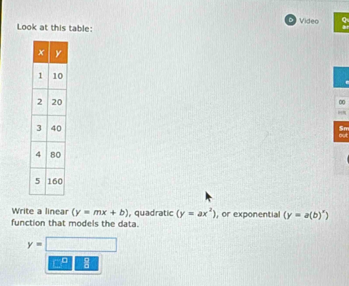 look at this table: | x | y | |----|-----| | 1 | 10 | | 2 | 20 | | 3 | …
