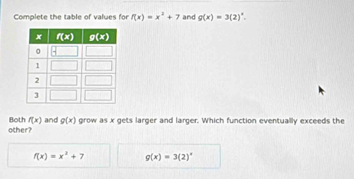 complete the table of values for $f(x) = x^2 + 7$ and $g(x) = 3(2)^x$. …