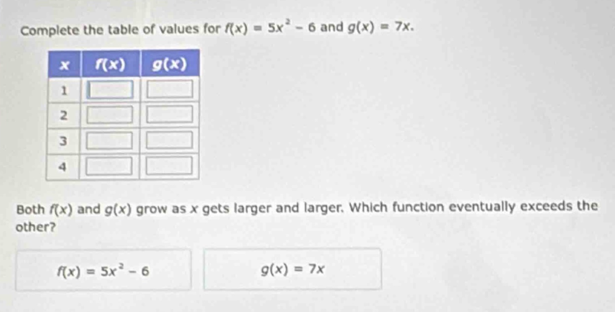 complete the table of values for $f(x) = 5x^2 - 6$ and $g(x) = 7x$. | $…