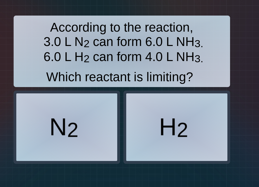 according to the reaction, 3.0 l n₂ can form 6.0 l nh₃. 6.0 l h₂ can fo…