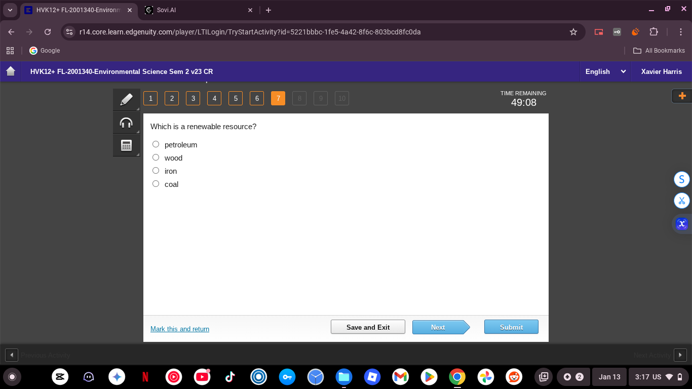 which is a renewable resource? petroleum wood iron coal