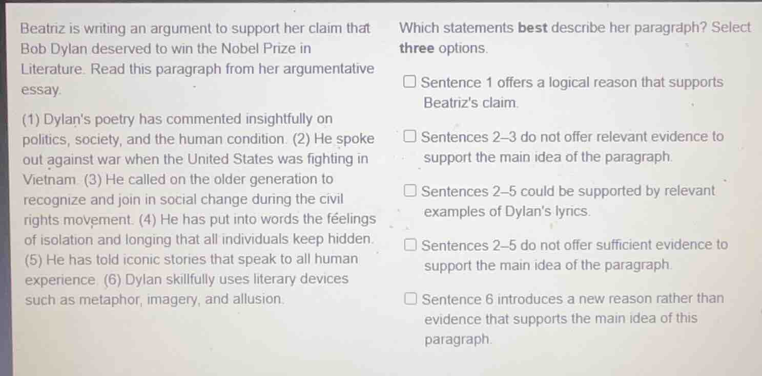 beatriz is writing an argument to support her claim that bob dylan dese…