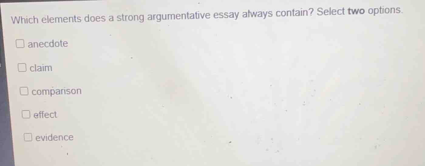 which elements does a strong argumentative essay always contain? select…