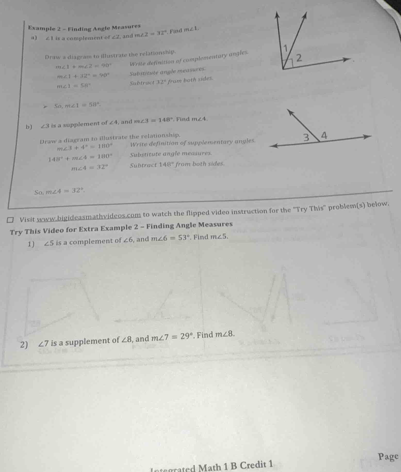 example 2 - finding angle measures a) ∠1 is a complement of ∠2, and ( m…