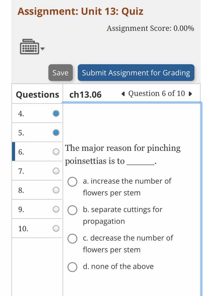 the major reason for pinching poinsettias is to ______. a. increase the…